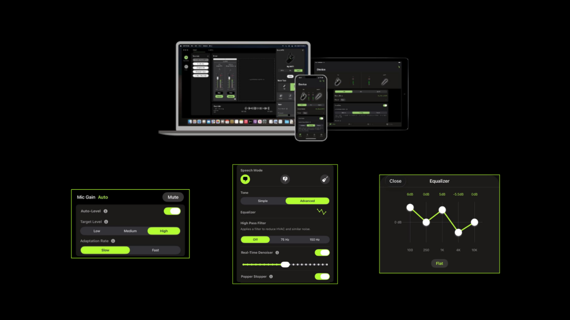 Applications Shure MOTIV sur ordinateur, tablette et smartphone, avec réglages Auto Level, réduction de bruit et égaliseur du MV6 Gen 2.