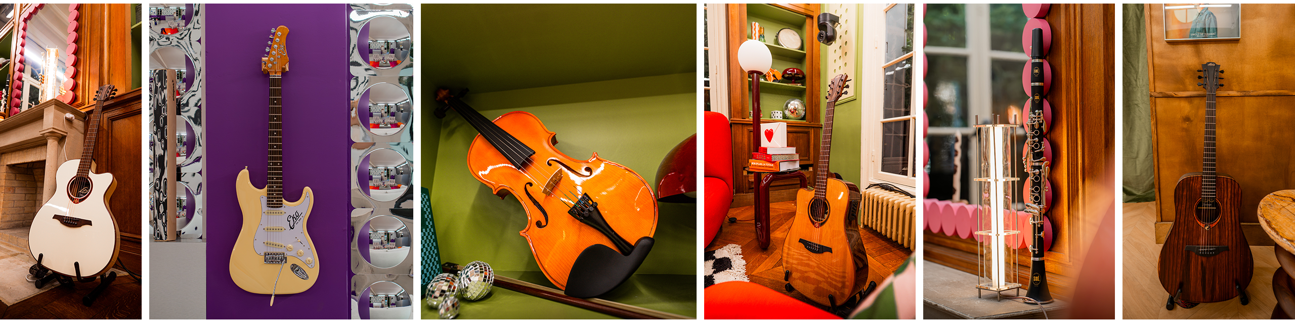 Instruments de la Star Academy : guitares acoustiques Lâg et électriques EKO, violon Herald et clarinette SML présents au château, à retrouver sur Algam Webstore.