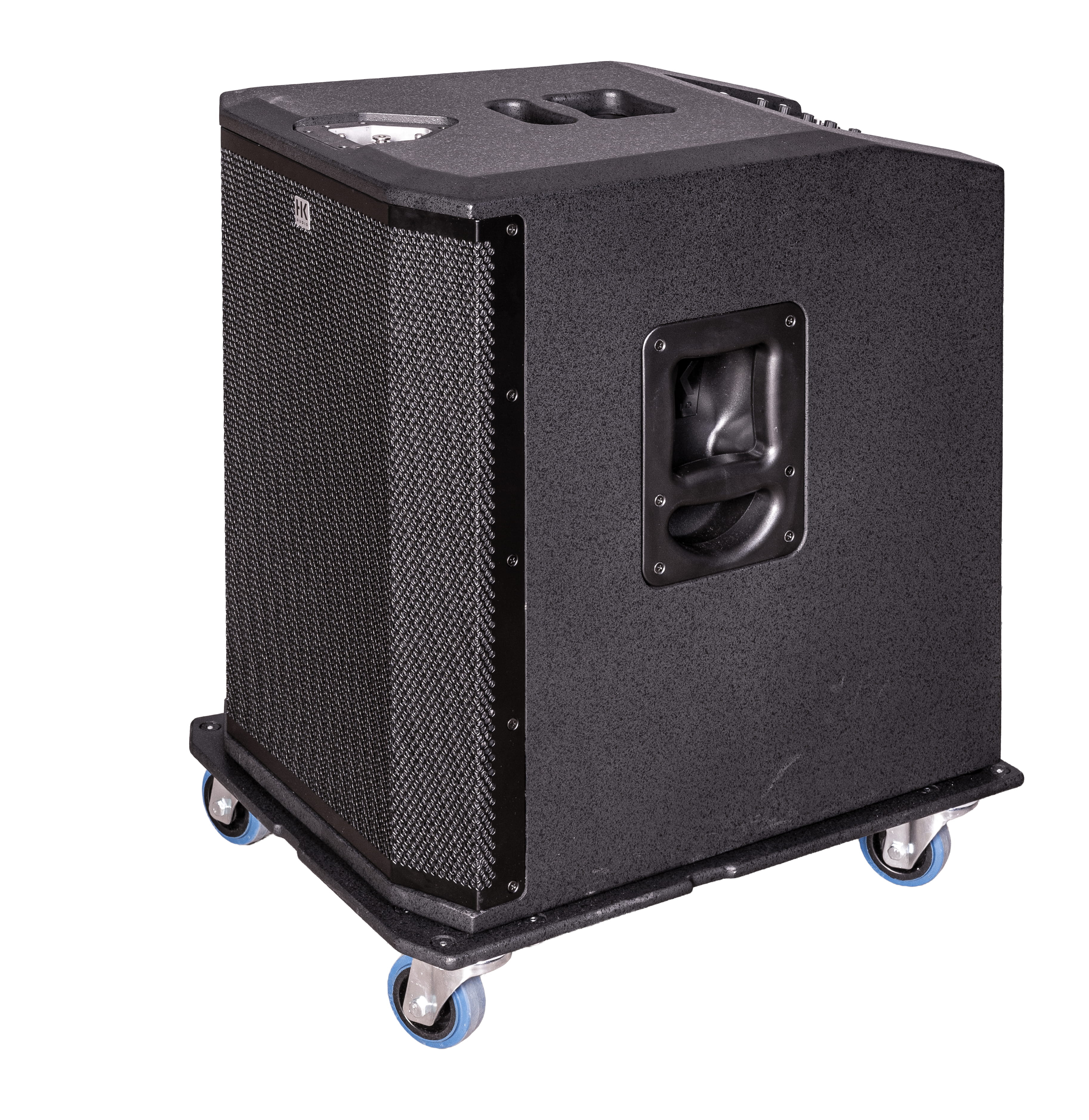 Subwoofer HK AUDIO Polar 15 MKII sur planche de transport roulette